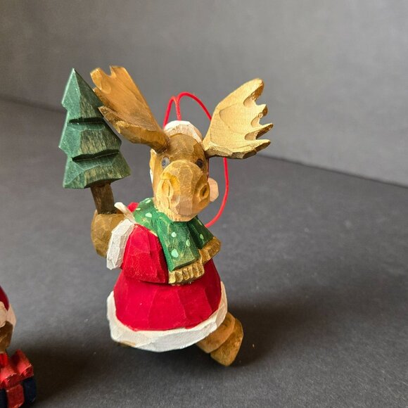 Hand Carved Wooden Moose Ornaments Christmas Santa Red Coat Scandinavian 4" Pair - Picture 2 of 8
